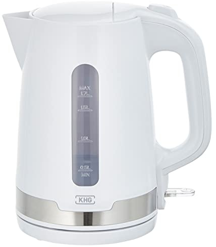 KHG Wasserkocher WK-1708 WE2 weiß Edelstahl 1,7 Liter, abwaschbarer Kalkfilter, Wasserstandsanzeige, Trockengehschutz & Abschaltautomatik, verdecktes Heizelement, BPA-frei, 2200 Watt