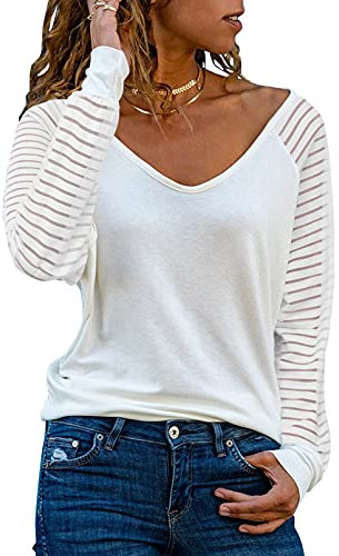 Dokotoo Damen Oberteile Weiß Streifen Mesh Langarmshirt Casual V-Ausschnitt Bluse Shirt Tops Medium