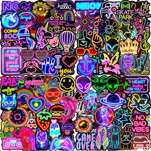 Water Bottle Stickers 200 Pcs Cool Neon Sticker Packs, Prizes for Kids Classroom Reward, Waterproof Vinyl Stickers for Water Bottles Laptop Skateboard Scrapbooking Journaling Notesbook Luggage etc