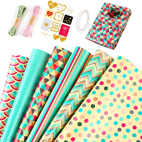 6 Sheets Wrapping Paper-70x50cm Girls Birthday Wrapping Paper Gift Wrap Set | Eco Present Gift Wrapping Paper Birthday With Sticker Ribbon Tape for Women Men Girls Boys Wedding Baby Shower Birthday Party
