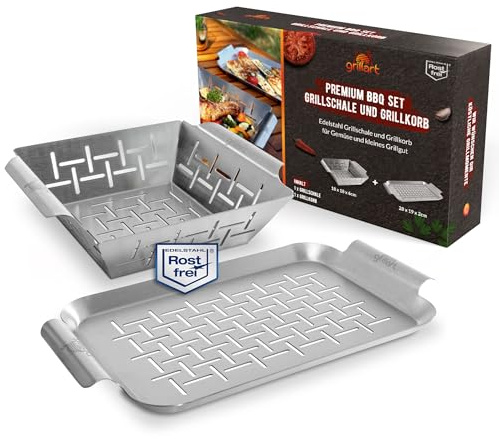 Grillart® Premium grillkorg och grillskål i rostfritt stål (i set), kan användas som fiskgrill och grillskål – universellt användbar och särskilt hållbar grillpanna för grillen – grilltillbehör