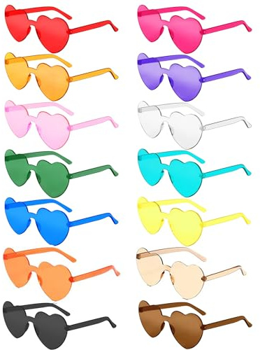 Daover Heart Sunglasses, 14 Pack Funky Rimless Colorful Party Glasses, Hippie Hear Shaped Glasses for Kids and Adults Summer Party Fancy Dress Costume (Heart)