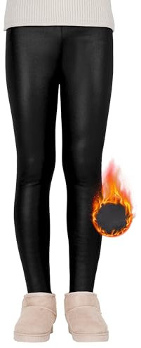 KEREDA Mädchen Leggings Thermo Gefüttert Thermoleggings Winter Warme Kunstleder 1er-Pack,Schwarz Kunstleder,134-140