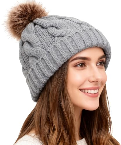Winmany Bonnet d'hiver Chaud en Tricot avec Pompon pour Femme et Fille (Laine, Gris)