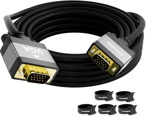 VGA to VGA Cable 10 FT, VGA Male to Male Adapter Cord, Standard 15 Pin Gold-plated Connectors, Aluminum Shells, 1080P, for Computer, Laptop, Desktop, Monitor, Projector, Gaming, HDTV, DVD, Black