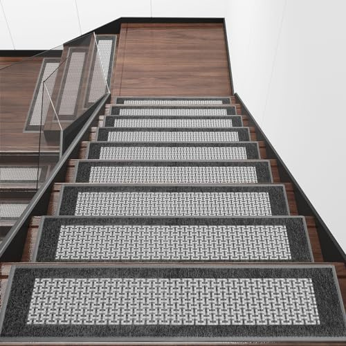 Hargiis Stair Treads for Wooden Steps Non-Slip Carpet, 7 PCS Polyester Indoor Stair Mats with Rubber Backing, No Adhesive, Safety Stair Runners for Kids, The Elderly and Pets (Grey Plaid, 30x8)