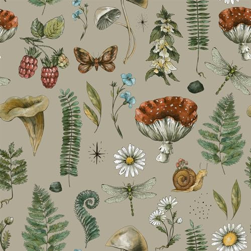 VEELIKE Brown Mushroom Wallpaper Woodland Tropical Floral Wallpaper Patterned Sticky Back Plastic Fern Leaf Contact Paper Self Adhesive Nursery Wall Paper Botanical Wall Mural Bedroom 44.5cm×300cm