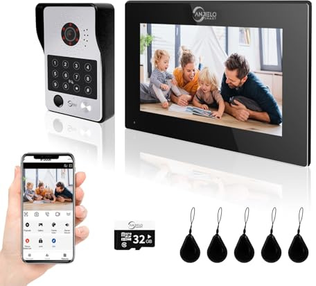 ANJIELO SMART Sistema de intercomunicación de timbre de puerta de video (cableado), cámara de timbre de video 1080P con monitor táctil de 7 pulgadas, soporta huellas dactilares, tarjeta IC, desbloqueo