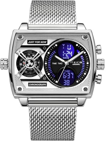 FEICE Multifunktionale Herrenuhr Quadratisch Großes Zifferblatt Analog Digital Quarzuhr Modisch Edelstahl 47 mm FK814 Silber