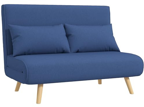 HOMCOM Sofá Cama de 2 Plazas Plegable Tapizado en Lino Con Respaldo Ajustable en 5 Posiciones y 2 Almohadas Para Salón 120x75x85 cm Azul Oscuro