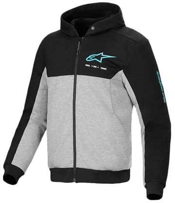 Alpinestars Chrome v2 - Sudadera deportiva con capucha, chaqueta reforzada para motociclista con certificación CE y estilo urbano, Negro/Gris Jaspeado/Turquesa, Large