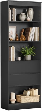 AOGLLATI Bücherregal, Bücherschrank mit 2 Schubladen und 4 Fächern,Büroregal mit verstellbaren Ablagen,180 cm Hochschrank für Wohnzimmer Schlafzimmer Arbeitszimmer, Modern, Platzsparend, Schwarz