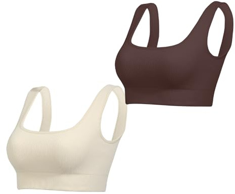 Lemef Sports Bras for Women Square Neck Ribbed Bralette Seamless Medium Support Yoga Crop Tank Workout Tops No Padded Beige Coffee L