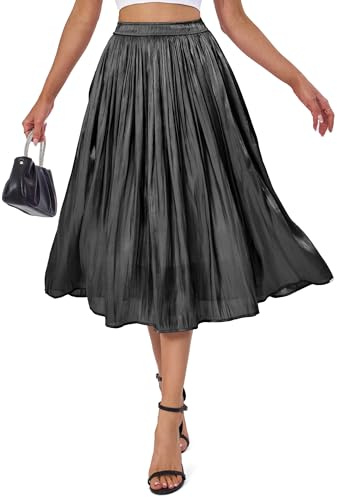 Eisnnu Gonna Midi Estiva da Donna,Lunga e Lucida,con Elastico in Vita,Elegante Gonna Midi a Pieghe a Vita Alta,a Trapezio