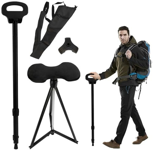 Telescopic Walking Stick With Seat, Collapsible Hiking Stick With Seat, 7-Level Adjustable Height Folding Crutches, Fold-Up Walking Poles for Women, Hiking Pole for Trekking, Camping, Travel