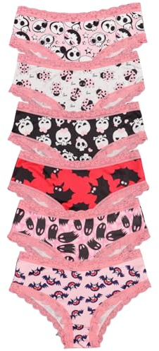 Morvia 6pcs Women Underwear Gothic Sexy Halloween Skulls Roses Allover Print Contrast Lace Hipsters Panties (US, Alpha, X-Large, Regular, Regular, 6pcs Pink Lace Trim)