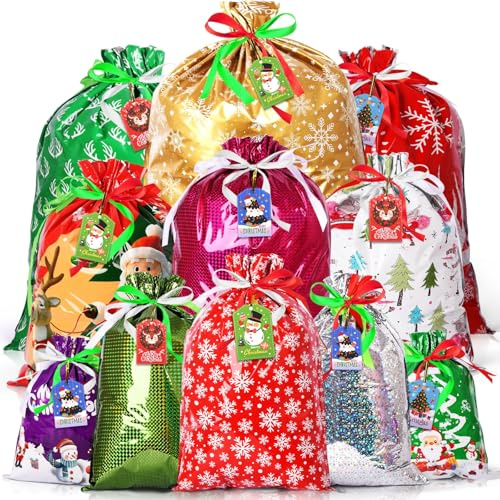 AhfuLife 16 Piezas Bolsas de Regalo con Cordón de Navidad, 5 Tamaños Reutilizables Bolsas De Regalo para Navidad con 16 Etiquetas de Navideñas, Regalos, Golosinas y Decora Fiestas Navidad