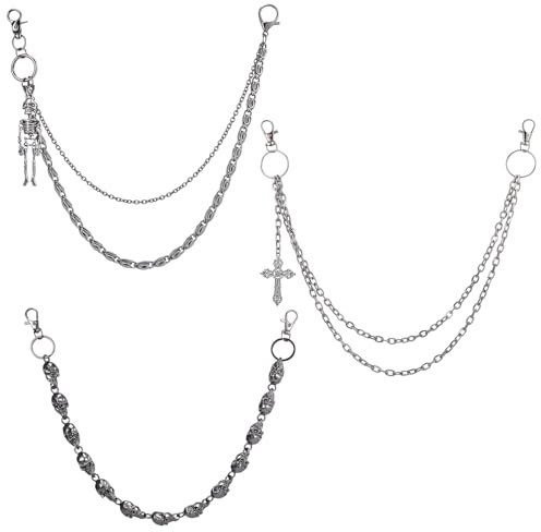 Zhamate 3 Pcs Pants Chain, Wallet Chains with Skull & Cross Charms, Double-Layer Gothic Biker Chain with Secure Anti-Loss Clip for Jeans, Leather Jackets & Punk Streetwear