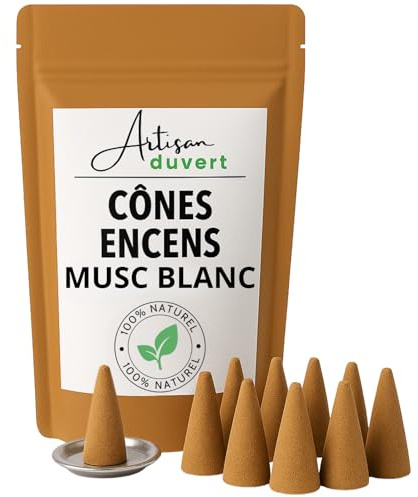 10 conos de incienso naturales de almizcle blanco + base portador de incienso incluido – Perfume purificador y relajante para meditación y ambiente Zen – L'Artisan du Vert