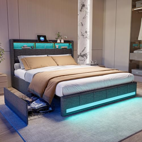 Aneutr Lit 140x200 avec Sommier LED et USB, Lit 2 Personnes avec 4 Tiroirs, Cadre de LIt avec Tete de lit avec Rangement, Lits Double rembourré avec sommier à Lattes, Lin