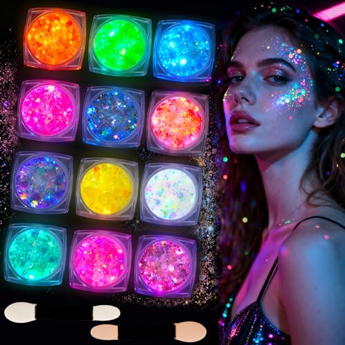Kuvarix Festival glitter ansikte, 12 färger fluorescerande chunky glitter gel för ansikte, kropp och hår, neon UV kropp glitter för fest, festival, halloween och karneval smink