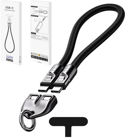 Wsndyjia Cavo di ricarica 2 in 1 per cordino del telefono, da C a C 240 W, cavi di ricarica con design indossabile, cavo di trasferimento dati portatile e veloce tipo C, cinturino da polso per