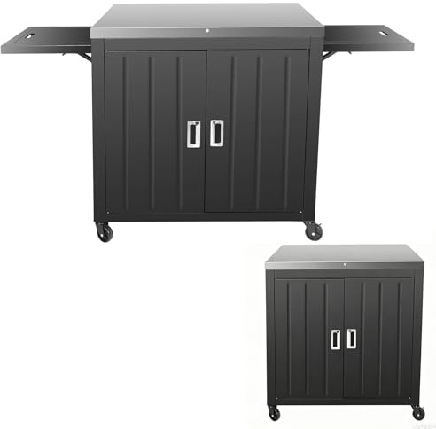 GFTIME Carrello da cucina per esterni, 89,9 x 65 x 91,9 cm, con piano di lavoro in acciaio inox, 2 ripiani laterali pieghevoli, 2 ante e ruote, carrello da portata mobile per barbecue, giardino