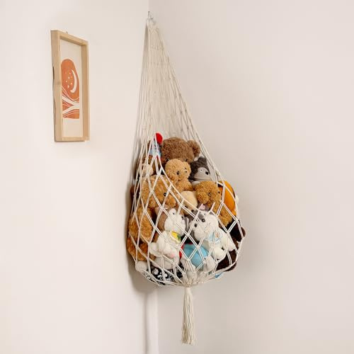 60 Macrame Stuffed Animal Hammock - Corner Hanging Plush Toy Holder Organizer for Boho Nursery Kids Bedroom Playroom Decor
