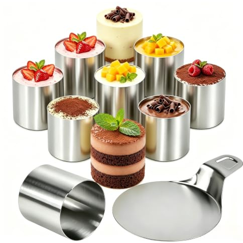 KAGEYMB 8 PCS Anillo de Pastel Ø5 cm, Anillos de Postre de Acero Inoxidable con Base de Ø12 cm, Reutilizables Anillos Redondos para Tartas, Aro Postre Pasteleria Mousse Tiramisú