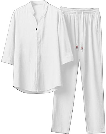 NNGOTD Men's Linen 2 Piece Set Long Sleeve Button Down Shirt with Loose Fit Wide Leg Pants Tracksuit Lightweight Beach Suit Soft Vacation Outfits for Holiday Loungewear