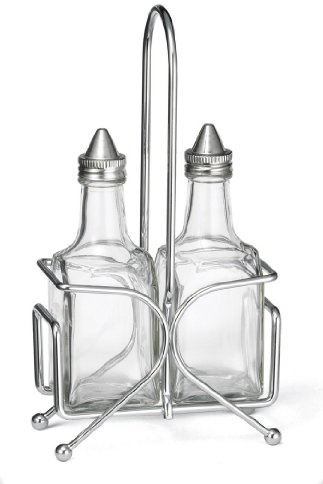 Tablecraft Glass 6 Oz Oil/Vinegar Cruet Set with S/S Tops and Rack