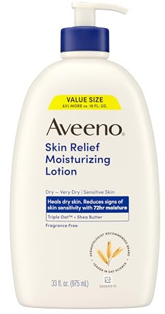 Aveeno Skin Relief Moisturizing Lotion Heals Very Dry, Sensitive Skin, Fast-Absorbing Body Lotion with Triple Oat & Shea Butter, Fragrance Free, Non-Comedogenic, Value Size, 33 fl. oz