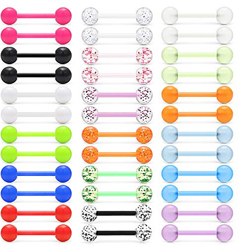 Lcolyoli 36Pcs 14G Glow in Dark Flexible Bioflex Acrylic Straight Tongue Barbell Nipple Ring Nipplerings Retainer Piercing Jewelry for Women Men 14mm Bar