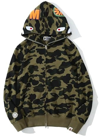 Yumenam Hombres Shark Hoodie Hooded Sudaderas con Capucha con Cremallera Sudadera de Manga Larga con Estampado de Tiburón Shark Head Zipper Camuflaje Chaquetas Sweatshirt Hip Hop Tops S-5XL