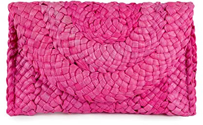 Syrads Bolso de mano de paja de noche para mujer Bolso de playa de verano Bolso de sobre tejido de paja,Rosa roja