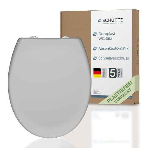 SCHÜTTE WC-Sitz mit Absenkautomatik, Abnehmbarer Klodeckel aus bruchsicherem Duroplast, Innovative DIY Montage durch Klebepads, Toilettendeckel und Brille bis 150 kg belastbar, Grau