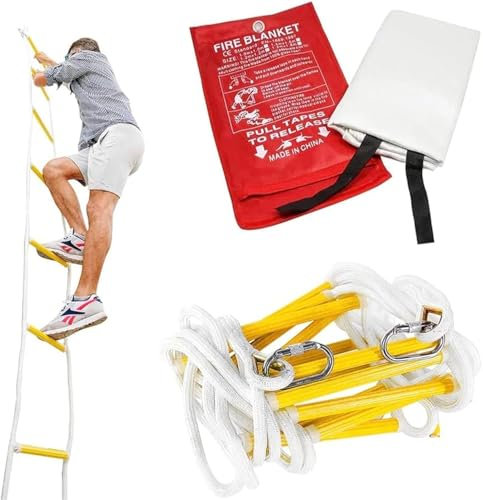 Échelle de Corde d'évacuation d'urgence 3 étages 8 m + Couverture Ignifuge pour la Maison/équipement de Sauvetage pour la Famille/échelle d'évacuation d'urgence