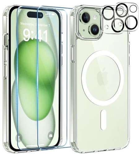 YisrLery 5-in-1 Kompatibel mit iPhone 15 Hülle für Mag Safe mit 2 Stück Schutzfolie und 2 Stück Kameraschutz Militärnorm Schutz, PC Kratzresistente Rückseite Stoßfest Magnetische Hülle - Klar