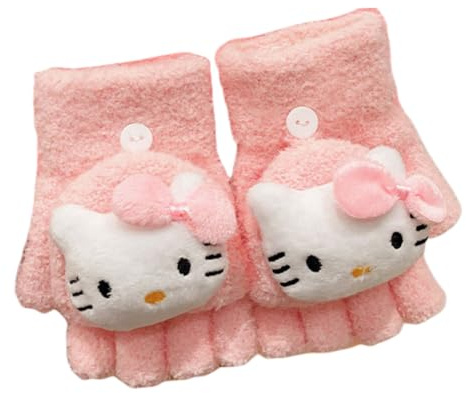ISABELLA MOON Fingerless Flap Cover Gloves Elsa Spider Winter Knit Warm Mittens Soft Lined Fleece Thermal Outdoor Half Finger Gloves with Cover Convertible Flip Top for Kids boys girls (Cat)
