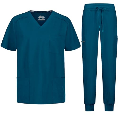 B-well MATTEO Divisa Sanitaria Uomo Elastica | Uniforme Sanitaria Uomo | Set con Casacca e Pantalone Jogger |Divise Sanitarie Uomo con Spandex, verde caraibico, 4XL