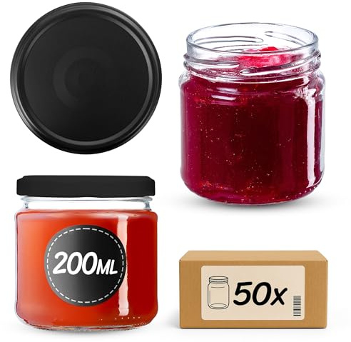 KADAX 50 st Syltburkar i Glas 200 ml med Skruvlock Ø 66 mm – Tjockväggiga lufttäta Inläggningsburkar, diskmaskinssäkra, för sylt & inläggningar