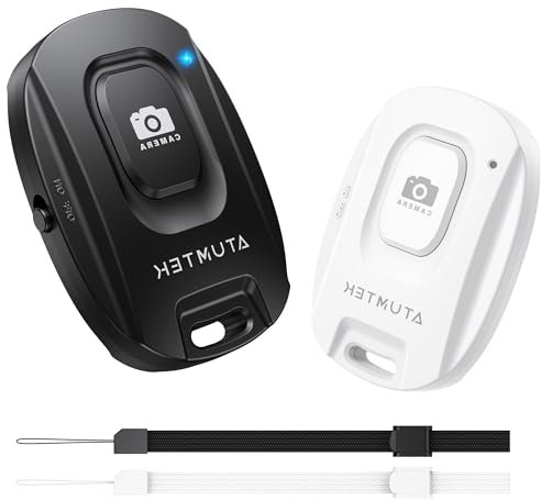 ATUMTEK Disparador Remoto Bluetooth 5.2 para iPhone y Smartphones Android (Pack de 2) – Control Remoto Inalámbrico para Fotos y Vídeos, Incluye Correa de Muñeca, Compacto y Portátil, Negro & Blanco