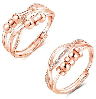 Bewenda Silver Ångestringsset, 925 sterling silver ångestringar för kvinnor, justerbar snurra fidgetringar set, öppen justerbar anti-stressring, stämningsring med pärlor, pärla mot ångest, stress, 50