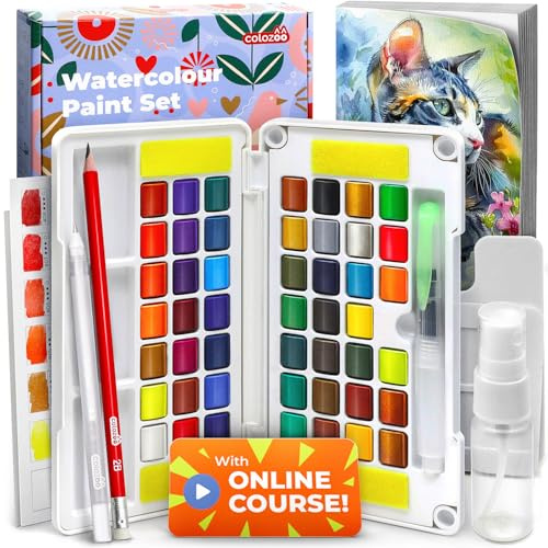 colozoo 48 Watercolour Set con curso de vídeo, pincel con depósito, 10 hojas, paleta, bolígrafo de gel blanco, botella de spray, lápiz, esponja - todo en una caja de viaje.