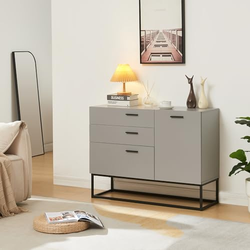 [en.casa] Comò con Anta e 3 Cassetti Armadio Basso Mobile Contenitore per Soggiorno Ingresso con Telaio in Metallo 75 x 100 x 35 cm Nero/Grigio Chiaro