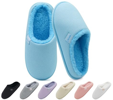 ONCAI House Slippers for Women,Cushion Memory Foam Faux Fur Lined Waffle Upper Slipper for Woman 2025 Cosy Warm Winter Woman Slippers Lightweight Indoor House Shoe Plush Light Blue Size 6 UK