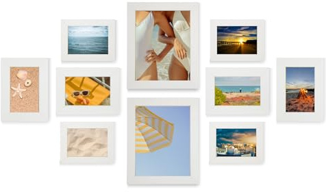 MARCOFOTO, Set De 10 Marcos De Fotos, 2 De 20x25 Cm, 4 De 13x18 Cm, 4 De 10x15 Cm, Madera MDF Y Cristal, Diseño Elegante Y Versatil (BLANCO)