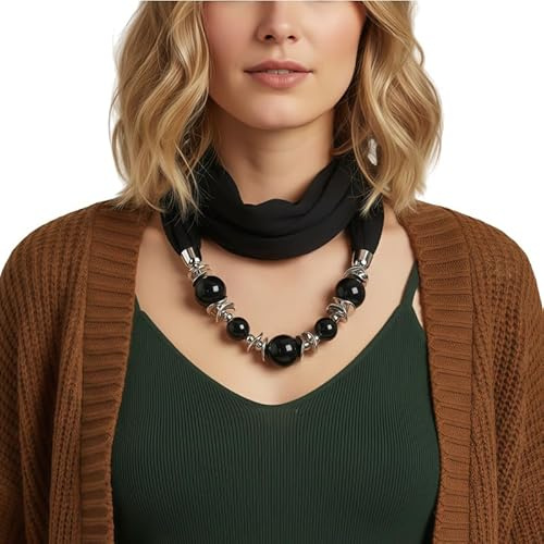 SIQITECH Foulard avec Perles Elegante Femme Echarpe Décoratif Style Vintage Foulard Perlé Automne Classique Echarpe Respirant en Soie avec Collier pour Voyage Performance Photographe