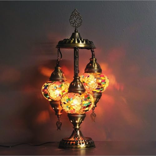 VALVELLO Turkish Mosaic Table Lamp with 3 Globes – Handmade Boho Oriental Lamp – Decorative Moroccan Style Lighting for Living Room, Bedroom & Office – Ambient Light (Multicolor)