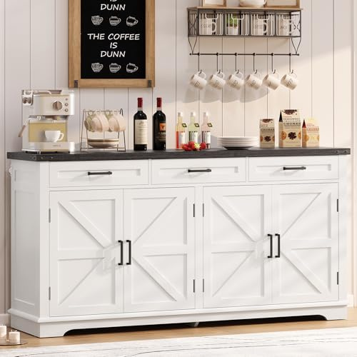 TEENFON 155 cm Aparadores para Salon con 3 Cajones, Aparador Cocina con Estantes Ajustables, Armario Cocin con Encimera para Pasillo Comedor- 155 x 40 x 80 cm - Blanco